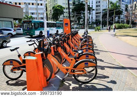 Salvador, Bahia, Brazil - December 14, 2020: Shared Bicycle Rental Station In Barra District In The 