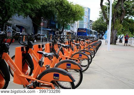 Salvador, Bahia, Brazil - December 14, 2020: Shared Bicycle Rental Station In Barra District In The 