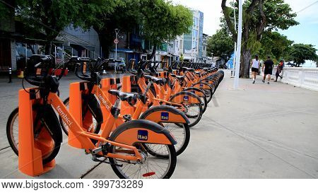 Salvador, Bahia, Brazil - December 14, 2020: Shared Bicycle Rental Station In Barra District In The 