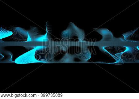 Abstract illustration of glowing blue digital mesh wave against black background. technology background with abstract textures and shapes