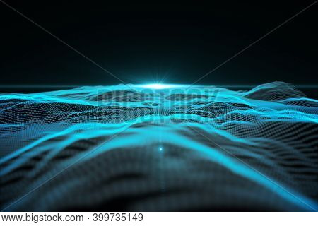 Abstract illustration of glowing blue digital mesh wave against black background. technology background with abstract textures and shapes