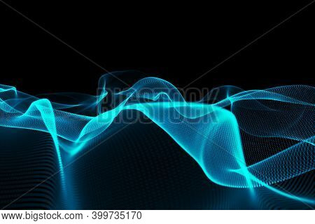 Abstract illustration of glowing blue digital mesh wave against black background. technology background with abstract textures and shapes