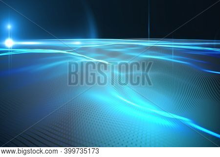 Abstract illustration of glowing blue digital wave and spot of light against black background. technology background with abstract textures and shapes