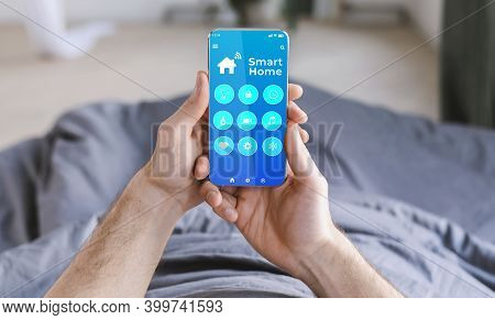 Futurustic Technologies Concept. Collage Of Young Guy Using Smart Home Automation Control System, Ch