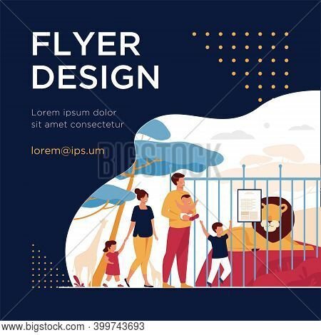 Family With Kids In Zoo Looking At Lion In Cage Flat Vector Illustration. Cartoon Tourists Walking I