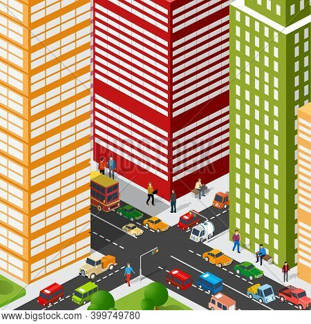 Isometric 3d Illustration Of The City Quarter With Houses, Streets, People, Cars. Stock Illustration