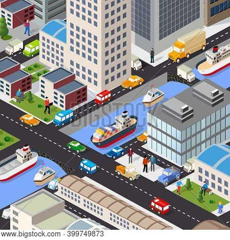 Isometric 3d Illustration Of The City Quarter With Houses, Streets, People, Cars. Stock Illustration