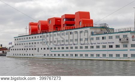 Amsterdam, Netherlands - May 18, 2018: Botel Big Boat Hotel Moored In Amsterdam, Holland.