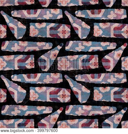 Seamless Dark Geometric Block Print Background. Boho Ethnic Soft Furnishing Fabric Style. Tie Dye Pa
