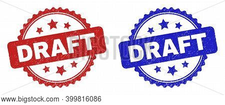Rosette Draft Watermarks. Flat Vector Scratched Seal Stamps With Draft Phrase Inside Rosette With St