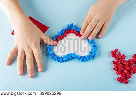 Concept Of Diy And Kid's Creativity. Step By Step Instruction: Make  Heart. Step3 Child's Hands Stic