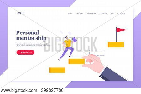 Business Mentor Helps To Improve Career And Holding Stairs Steps Vector Illustration. Mentorship, Up