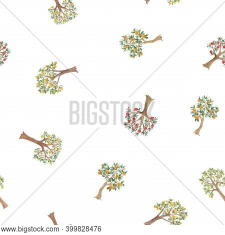 Beautiful Vector Seamless Pattern With Cute Watercolor Fruit Trees. Stock Orchard Illustration.