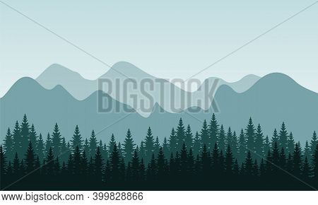 Soothing Morning With Background Scenery Trees And Mountains. City Vector