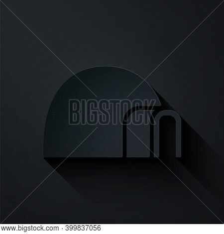 Paper Cut Igloo Ice House Icon Isolated On Black Background. Snow Home, Eskimo Dome-shaped Hut Winte