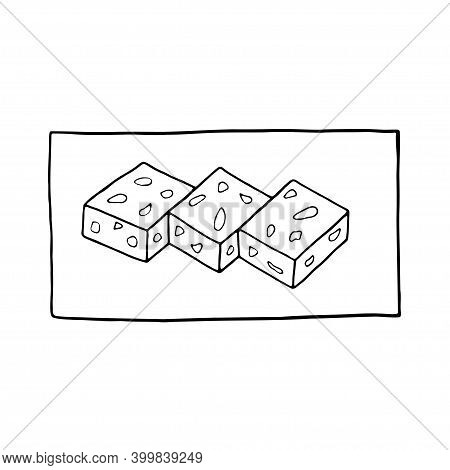 Vector Hand Drawn Doodle Sesame Barfi. Indian Dessert. Design Sketch Element For Menu Cafe, Restaura
