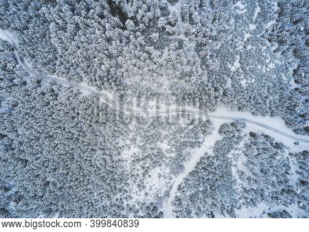 Aerial View Of A Snowy Pine Forest And Road , Hiking Path. Austrian Forests In Styria In Winter