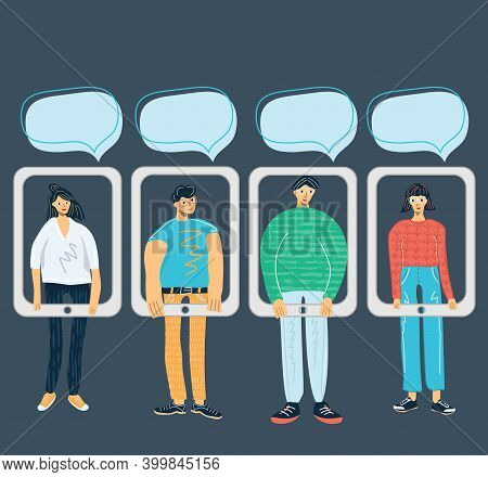 Social Networking, Virtual Relationships Concept. Flat People Characters Chatting Via Internet Using