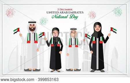 Uae National Day Greeting Card. Cartoon Emirati Family Holding Uae National Flag Celebrating United