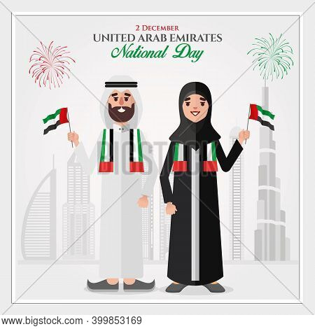Uae National Day Greeting Card. Cartoon Emirati Couple Holding Uae National Flag Celebrating United