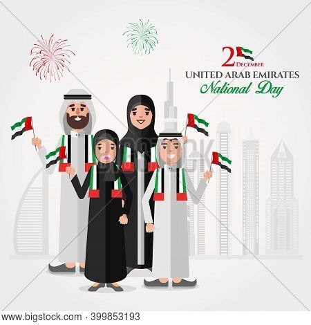Uae National Day Greeting Card. Cartoon Emirati Family Holding Uae National Flag Celebrating United