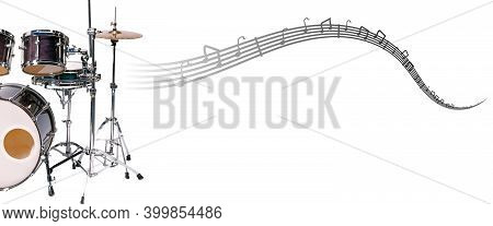 Blurry Out Of Focus Image Of Drumset With Musical Notes On White Background With Copy Space. Image F