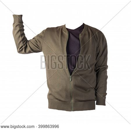 Mens Dark Gren Knitten Bomber Jacket And Black T-shirt Isolated On A White Background. Fashionable C