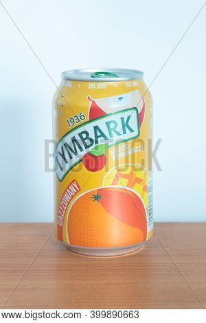 Pruszcz Gdanski, Poland - August 3, 2020: Can Of Tymbark Mango And Orange Drink.