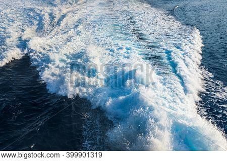 Aerial Top View Of A Beautiful Rail On The Aegean Sea Surface Behind Of Speed Cruise Liner. Stock. W