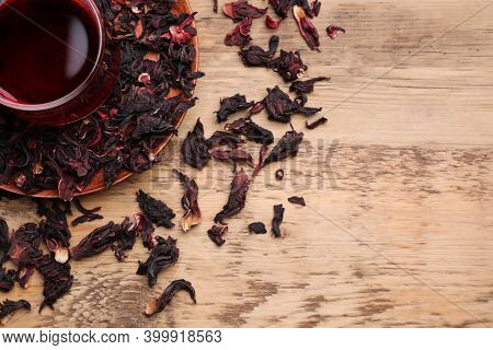 Fresh Hibiscus Tea On Wooden Table, Flat Lay. Space For Text