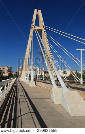 Elche, Alicante, Spain- December 4, 2020: Pont De La Generalitat Bridge Under Blue Sky Next To The V