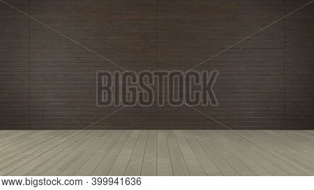 Empty Room With Brown Wooden Wall. Realistic Interior With Floor And Wall Of Natural Dark Wooden Boa