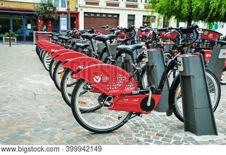 Lille, France - May, 3, 201. V\'lille Bike Rental Station In A Street In Lille City Center, France. 