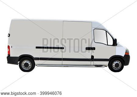 Light Commercial Vehicle, White Minibus Panel Van Side View, Isolated On White Background