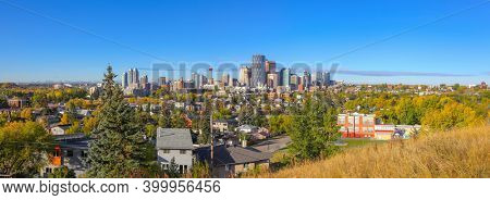 CALGARY, ALBERTA, CANADA - September 25 , 2017 - Panoramic view of Calgary metropolitan area, is the fourth-largest metropolitan area in Canada and second-largest in western Canada.