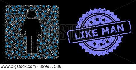 Bright Mesh Network Man With Light Spots, And Like Man Scratched Rosette Stamp Seal. Illuminated Vec