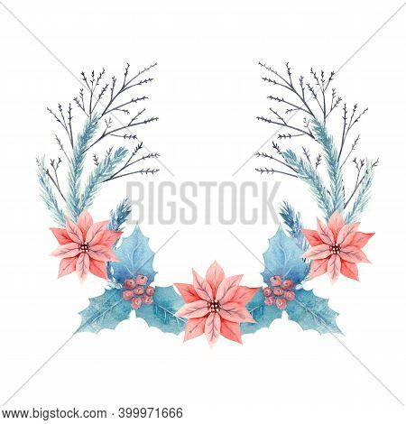 Winter Wreath With Red And White Flowers, Berries, Snow-like, Sharp-faced And Decorative Twigs. Wate
