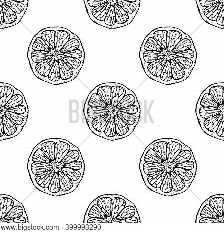 Citrus Seamless Pattern. Cut Off Round Piece Segment Of Fruit In The Skin. Mandarin Lemon Orange Gra