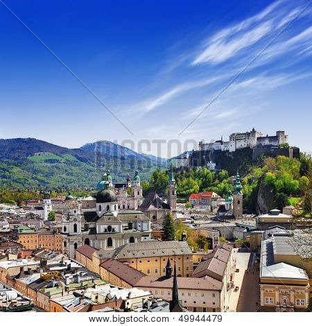 beautiful Salzburg, view ofold town with castle