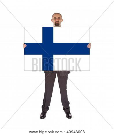 Smiling Businessman Holding A Big Card, Flag Of Finland