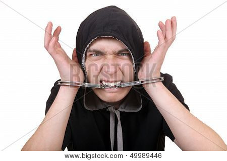 Man Gnaw A Handcuffs