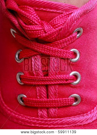 Closeup Of Casual Vibrant Pink Sneakers Shoes Boots On Female Feet