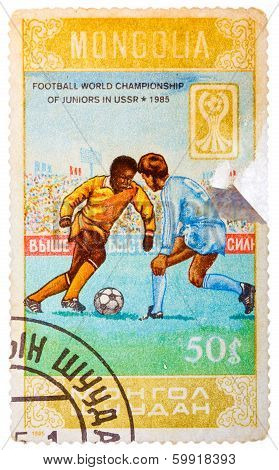 Stamp Printed In Mongolia Shows Football World Championship Of Juniors In Ussr 1985
