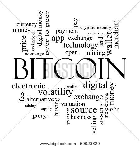 Bitcoin Word Cloud Concept In Black And White