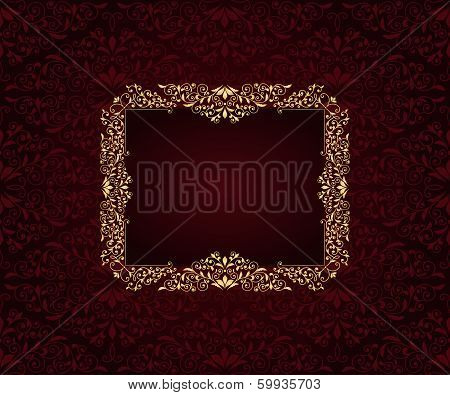 Vector Greeting Card With Golden Frame In Vintge Seamless Pattern