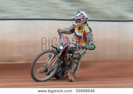 EGGENDORF,  AUSTRIA - APRIL 28 Denis Stojs (#15 Slovenia) wins the Austrian speedway championship on April 28, 2013 in Eggendorf, Austria.