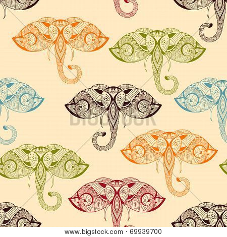 Vector Seamless Pattern With Bright Doodle Elephants