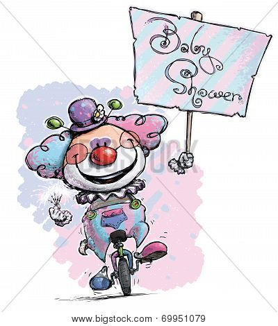 Clown On Unicycle Hoding A Birthday Party Placard