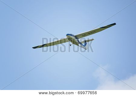 Glider During The Course Of Training Exercise Flying Against Blue Sky In Leoben, Austria.