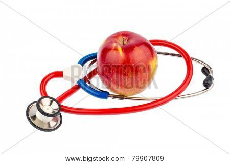 an apple and a stethoscope with a doctor. symbolic photo for healthy, vitamin-rich diet.